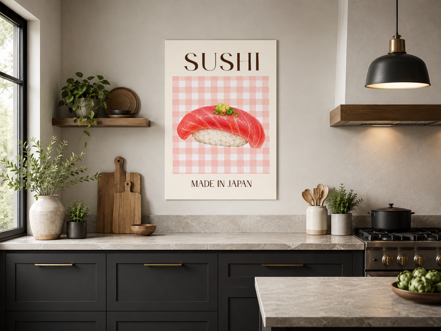 Siyah kabinetli şık mutfakta, pembe-beyaz desenlı sushi posteri, minimalist Japanese-inspired dekorasyon.