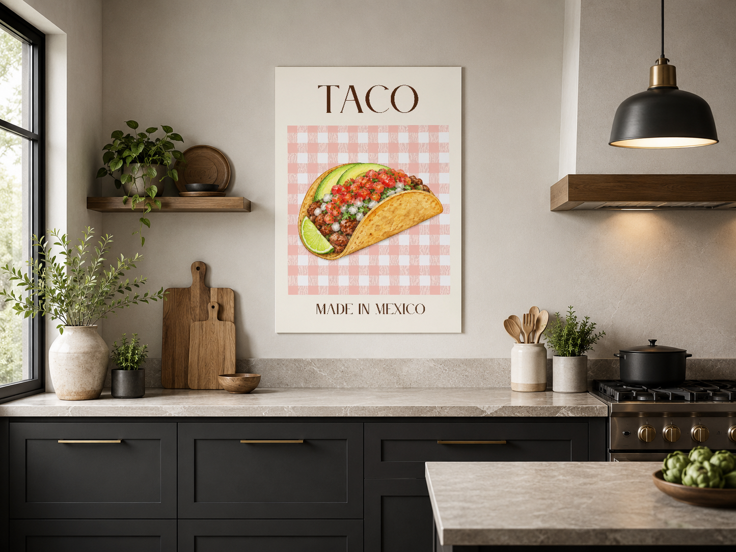 Sade krem zemin üzerinde canlı taco illüstrasyonu, Mexican sanat stili duvar tablosu.