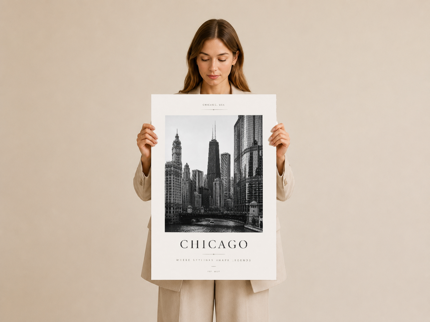 Chicago şehir manzarası tablosu elinde tutan kadın, usta tasarımı.