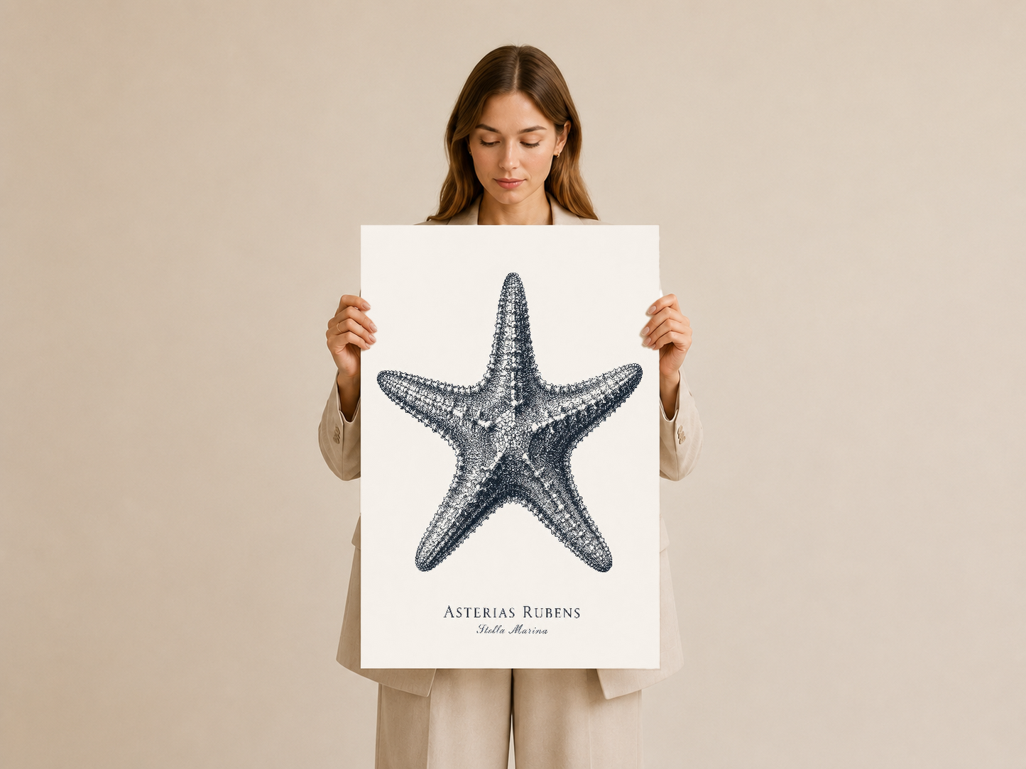 Asterias Rubens deniz yıldızı posteri, doğal ışıkta tutularak sanat baskının kalitesini gösteriyor.