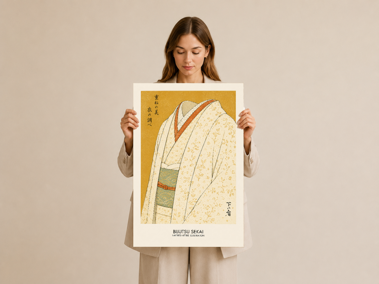 Vintage japon kimono tablosu, sade stilize tasarımı ile modern minimalist dekorasyona uyum sağlar.