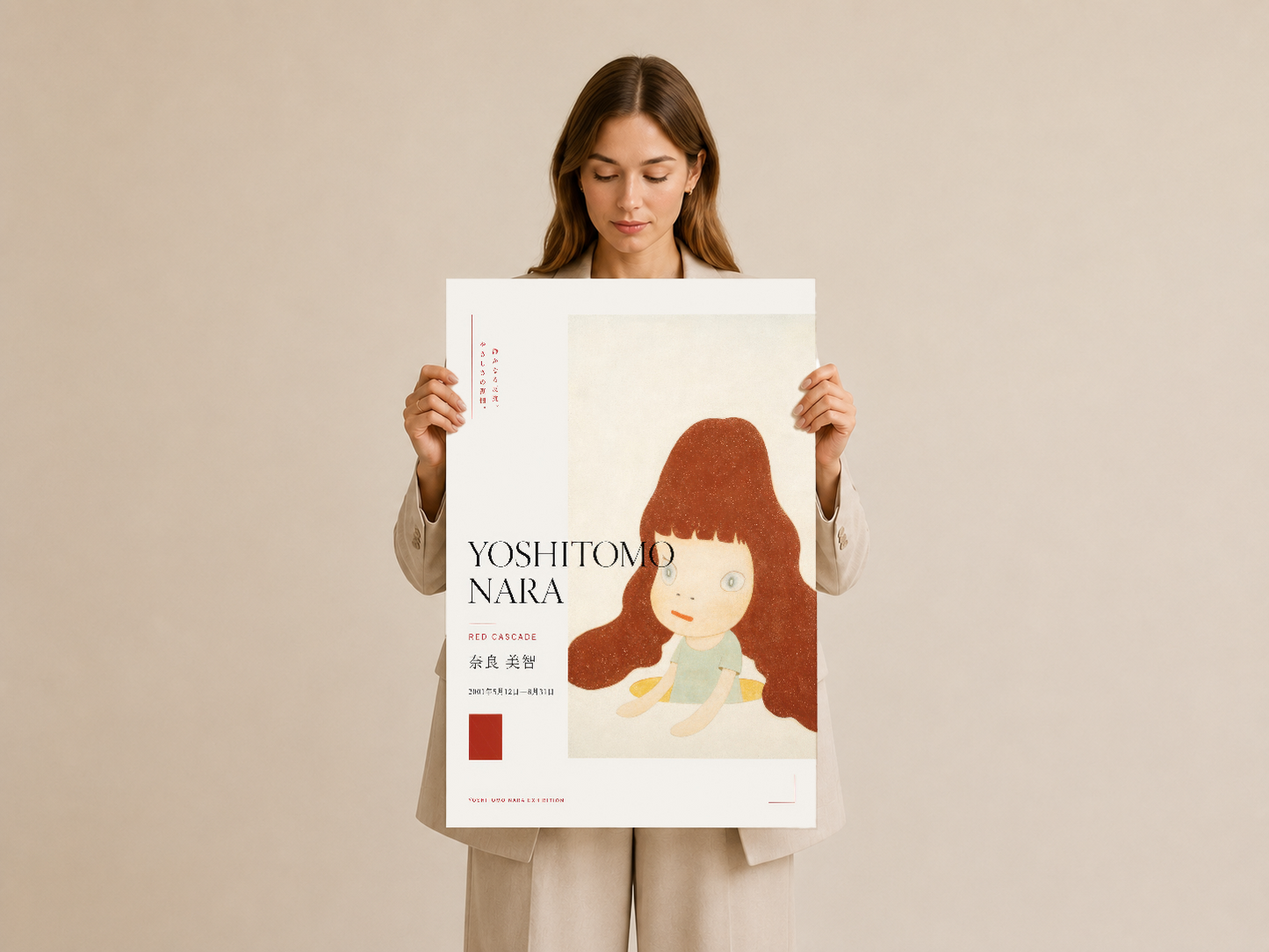 Minimal tasarıma sahip portre sanat posteri, kızıl saçlı karakteri ve İngilizce-Japonca metin detaylarıyla insan tarafından