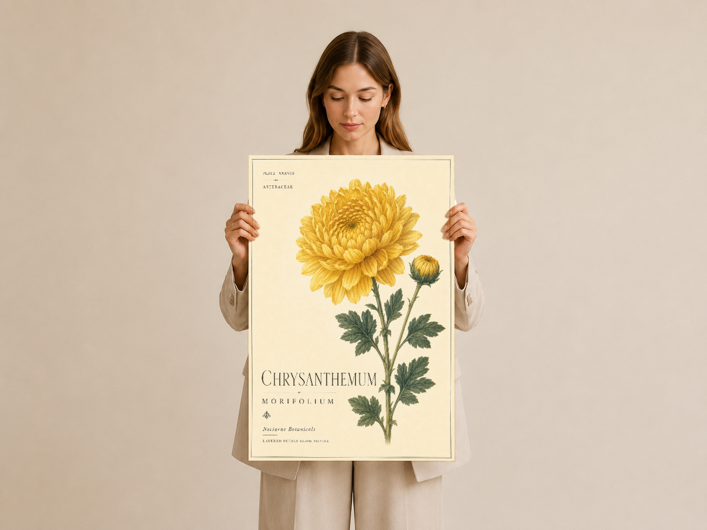 Krem fonda ince çizilmiş sarı krizantem desenli geniş format poster.