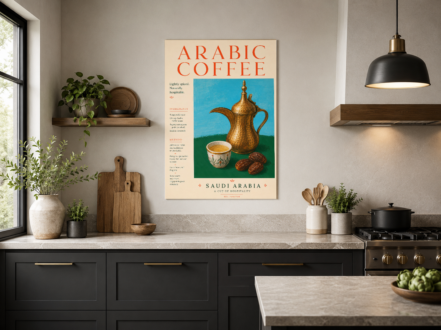 Koyu mutfakada dikkat çeken Arabic Coffee tablosu, klasik türk kahvesi temasıyla dekoratif duvar sanatı.