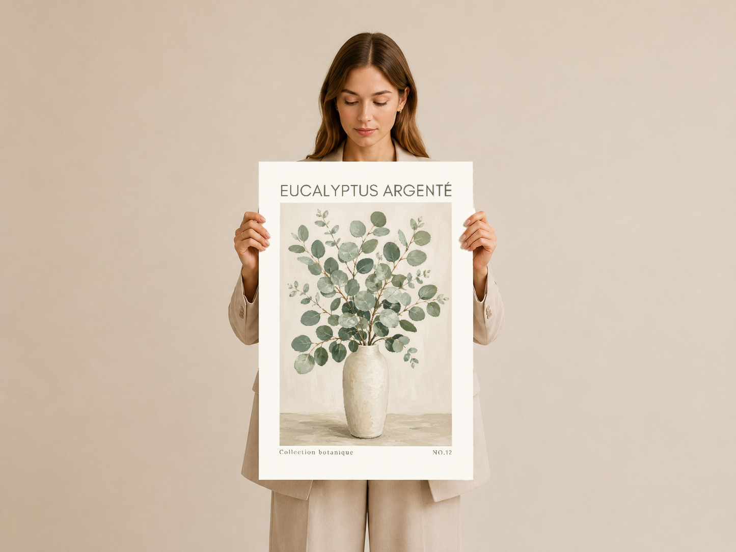 Elegans tasarımlı poster, eu kaliptus dallarını klasik bir sanat eserine dönüştürüyor.