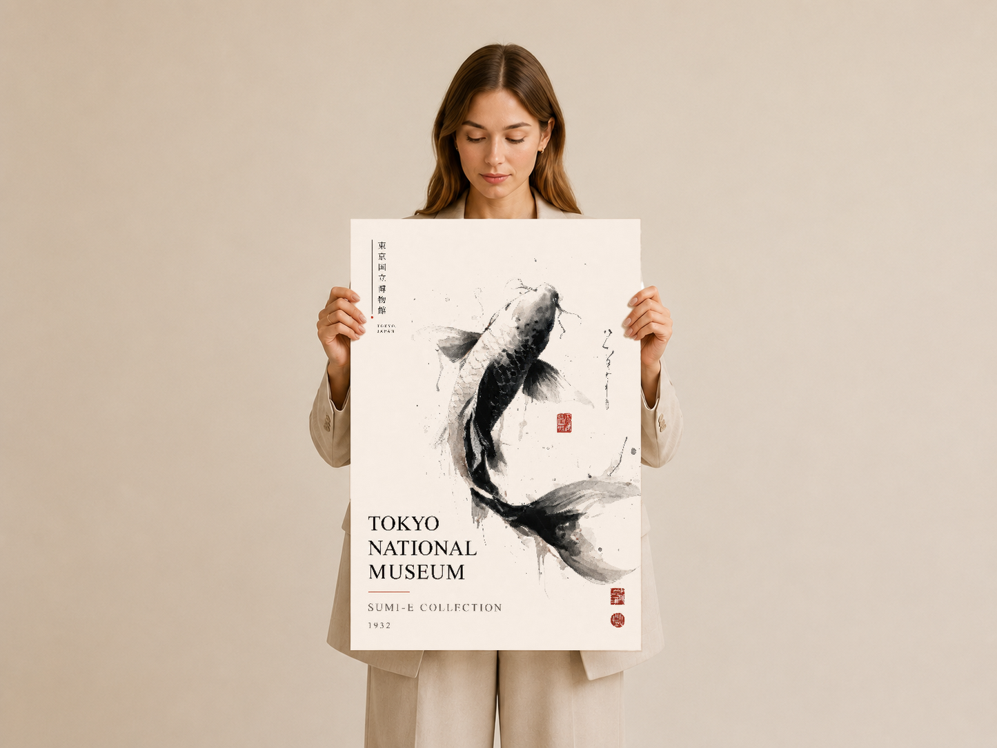 Tokyo Müzesi Sumi-E koleksiyonu posteri elinde tutan kadının görseli.