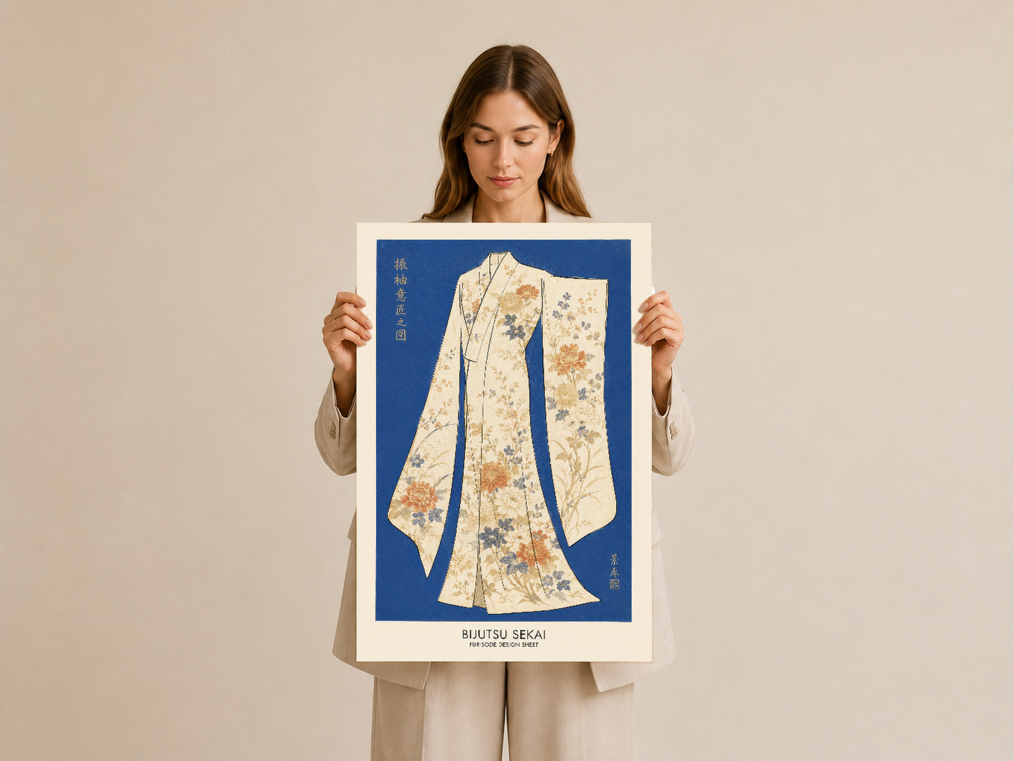 Kimono tasarım posterini tutan kadın, zarif krem çerçeveli Japon sanat baskısı sunuyor.
