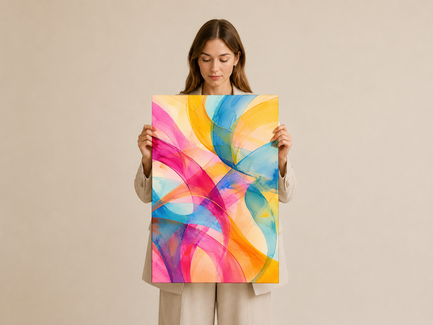 Renkli soyut poster taşıyan kişi, keskin geometrik formlar ve pastel renklerle Modern sanat stilinde.
