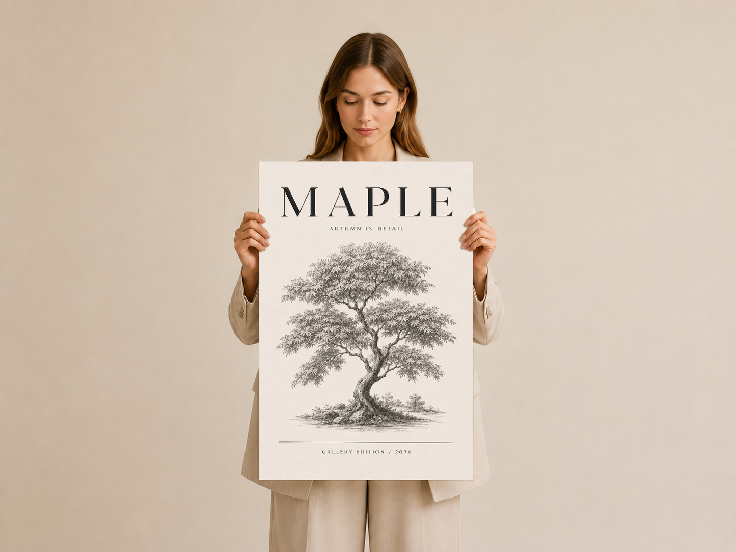 Maple ağacı posteri, taşınabilir durumda, doğal çizim tekniğiyle oluşturulmuş dekoratif baskı.
