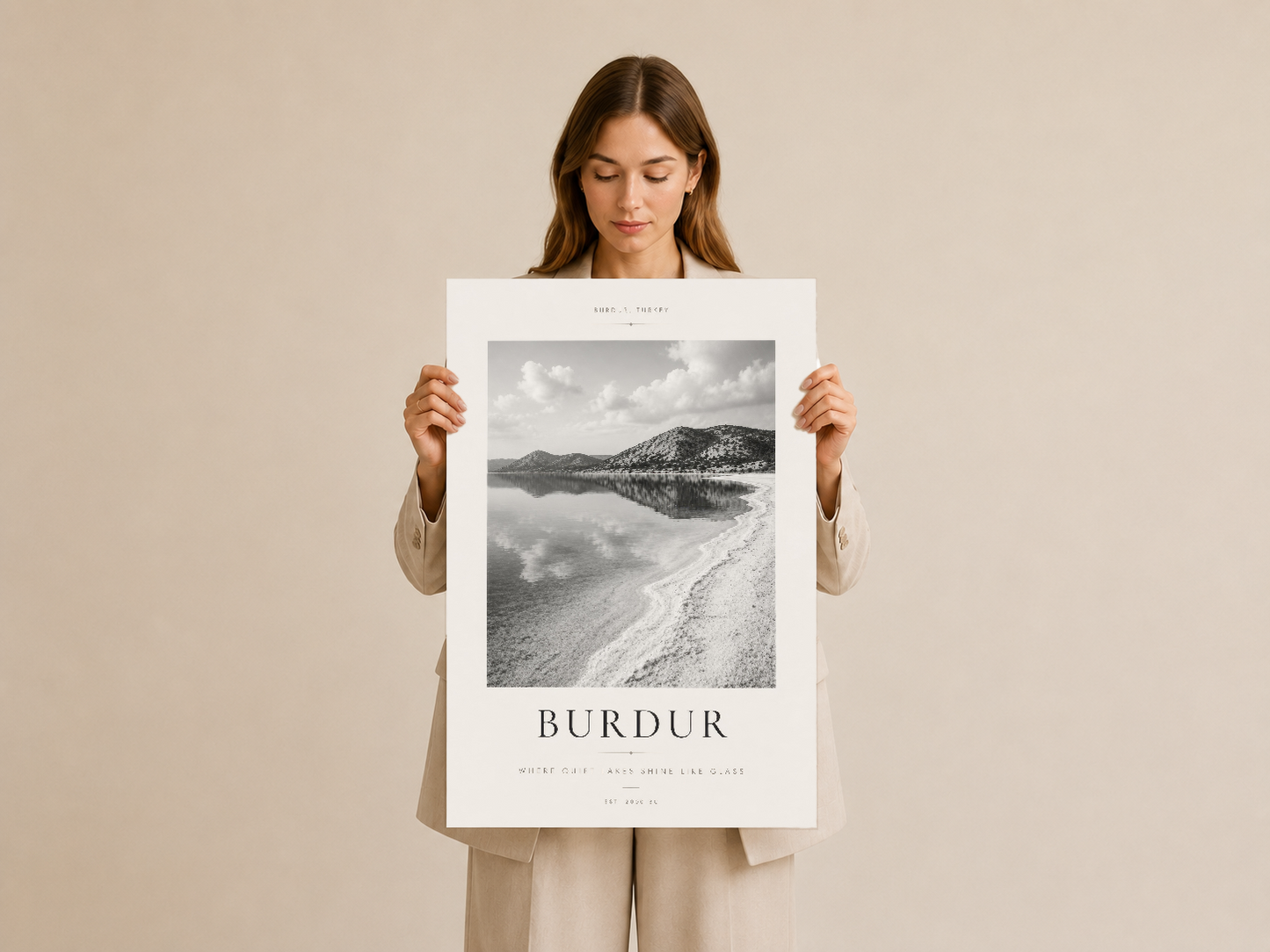 Minimalist tasarımlı Burdur doğa tablosu, sakin göl peyzajı ve serigrafi metin detaylarıyla dikkat çekiyor.
