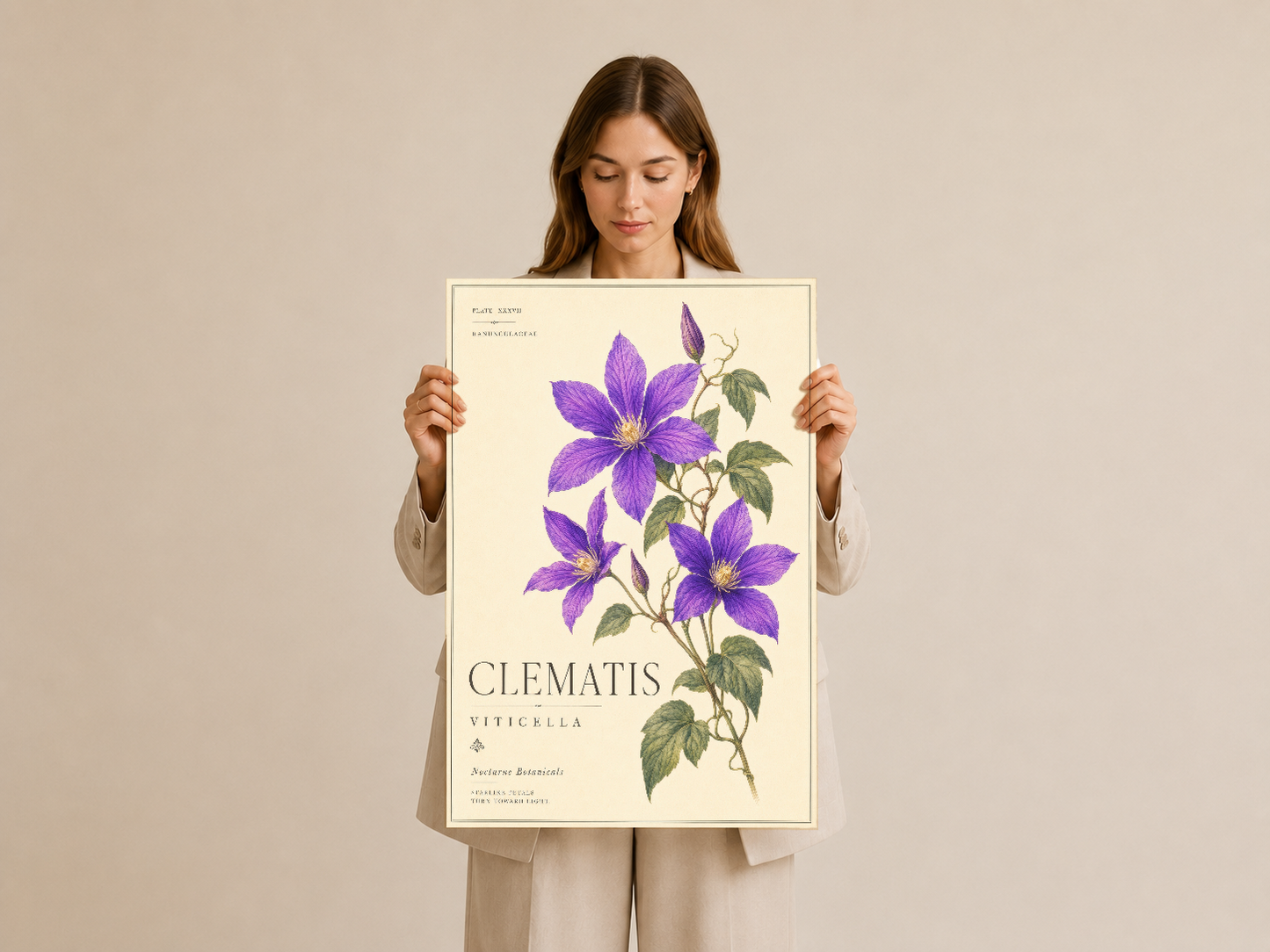 El ele tutulan clematis botanik poster, doğal ışıkta vintage sanat baskısının görünümü.