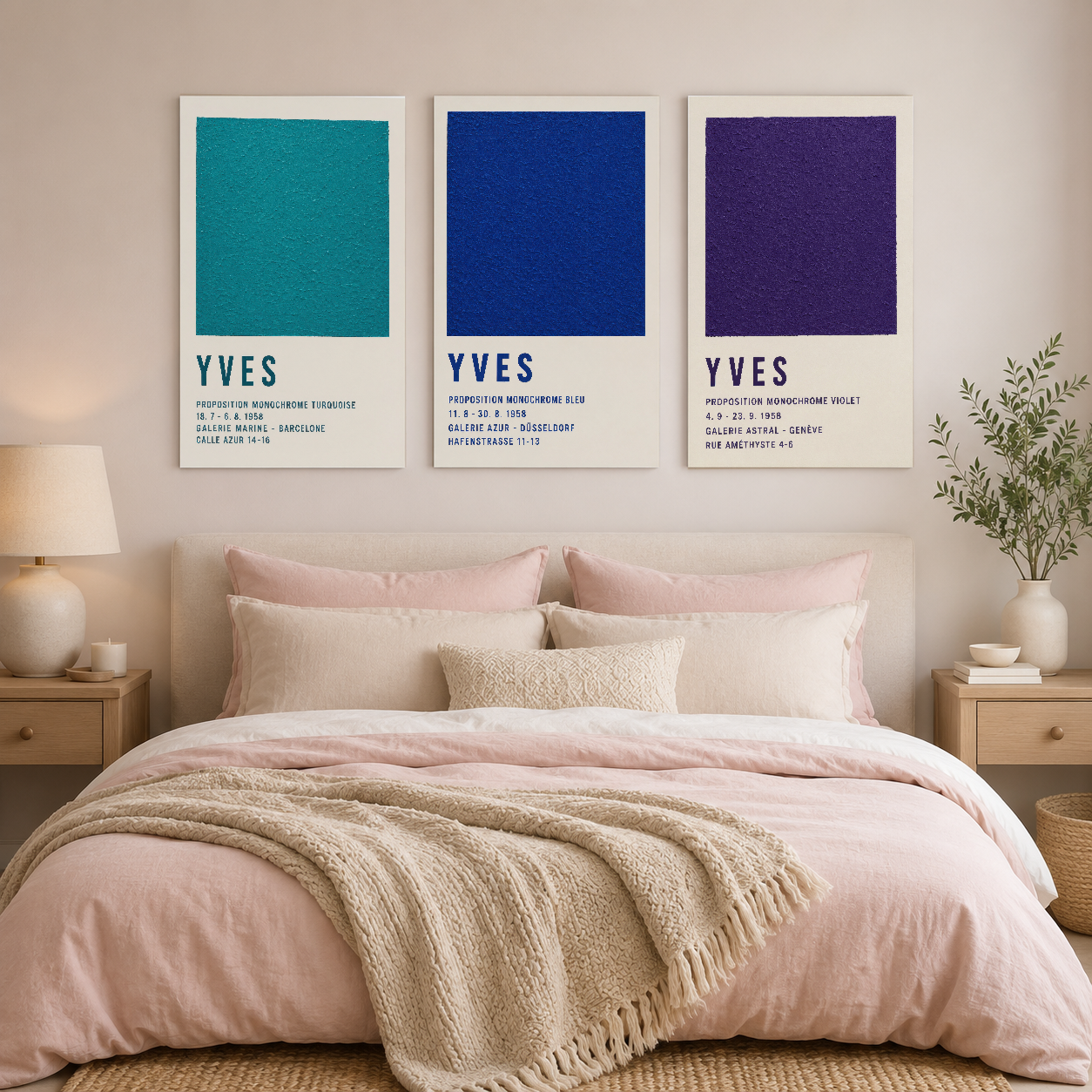 Üç parçalı renkli sanat seti yatak başının üstünde, şık bedroom dekorasyonunda.