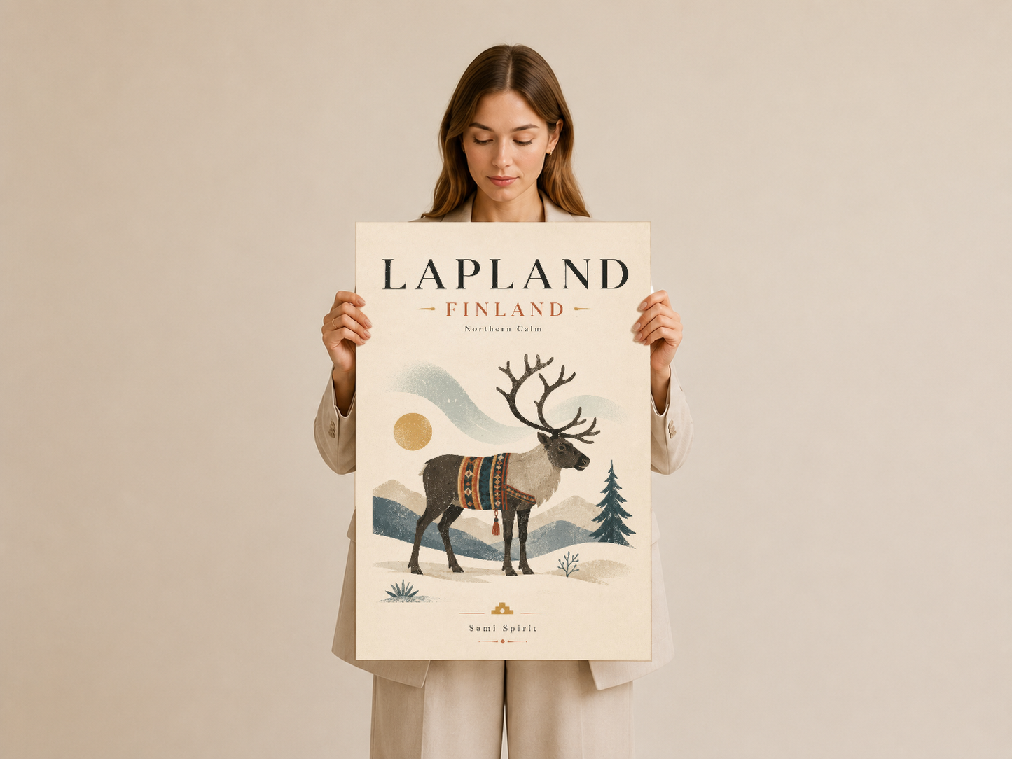 Lapland Finland tablosu, krem zemin üzerinde geyik ve dağ manzarasıyla minimalist sanat baskısı.