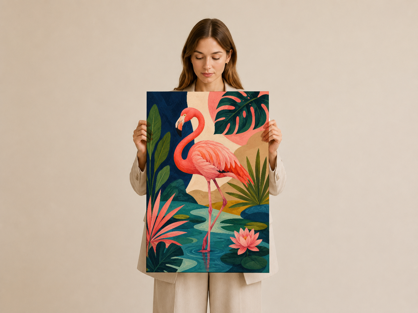 Renkli flamingo ve tropikal botanik motifli sanat tablosunu sunan stilize duvar dekorasyonu.