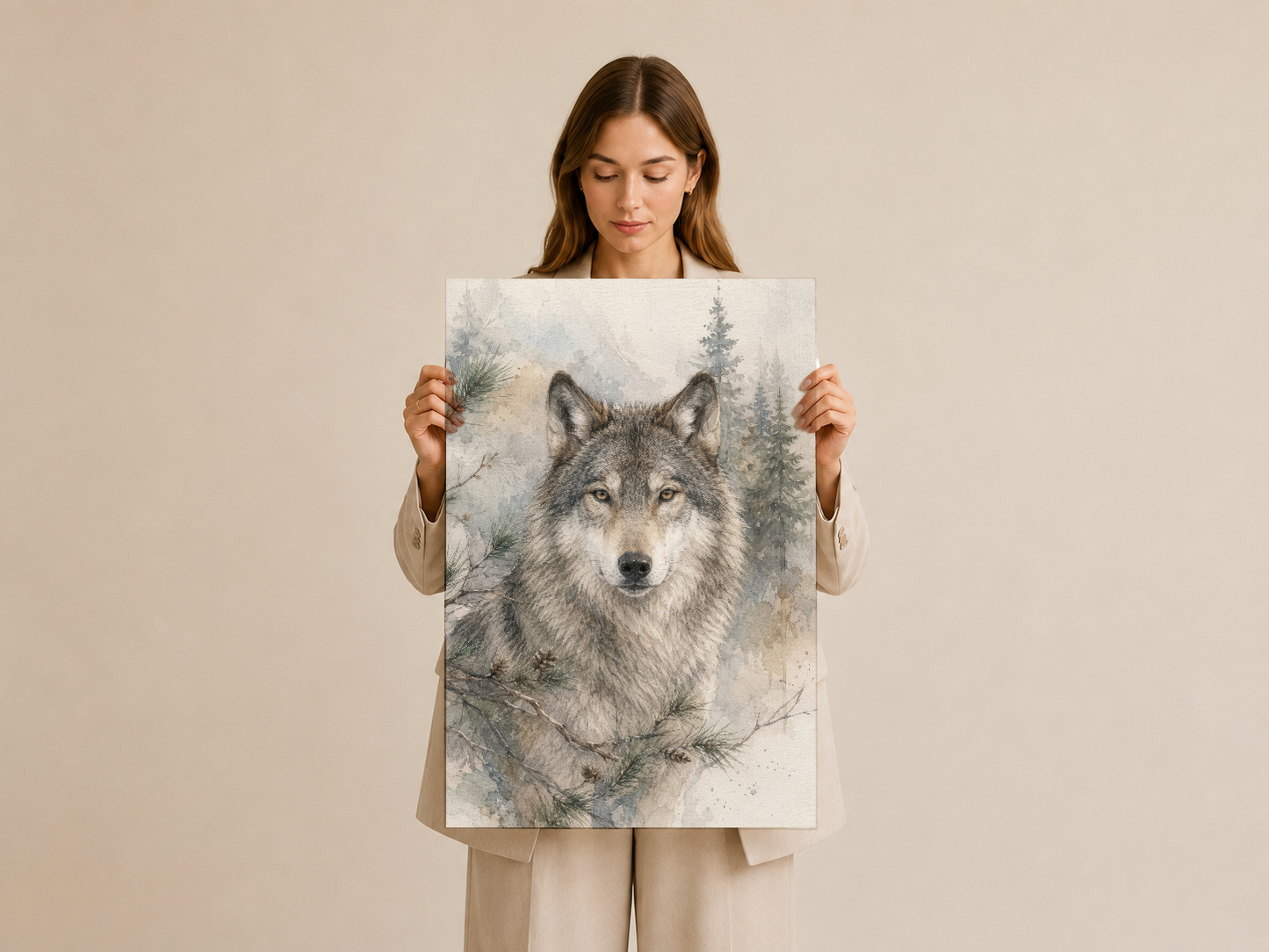 Doğa temalı, soğuk tonlarla çizilmiş kurt başının yer aldığı dekoratif poster sanat eseri.