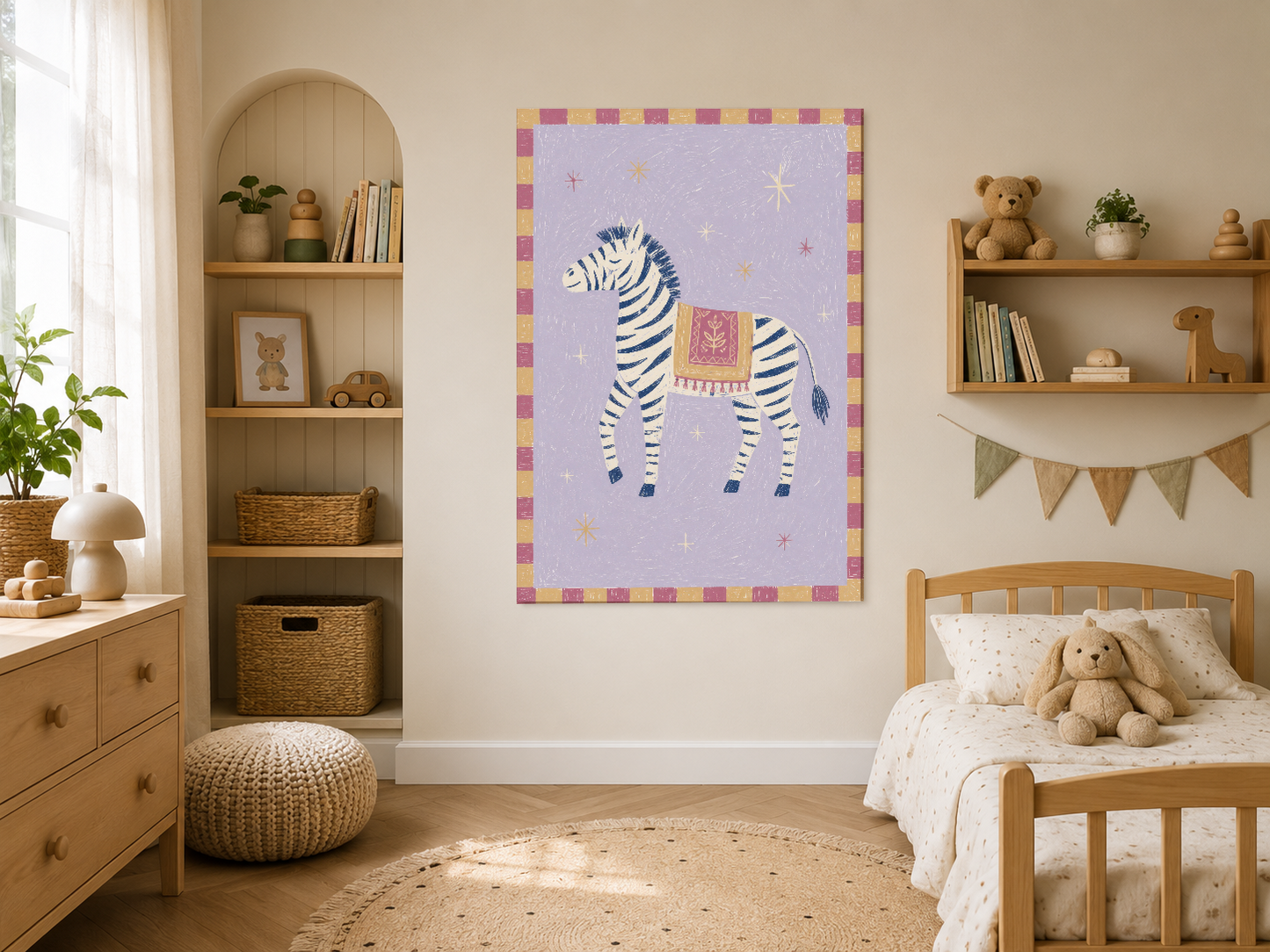 Ahşap çerçeveli, pastel tonlarda zebra tasarımlı ve bohem tarzı çocuk odası tablosu.