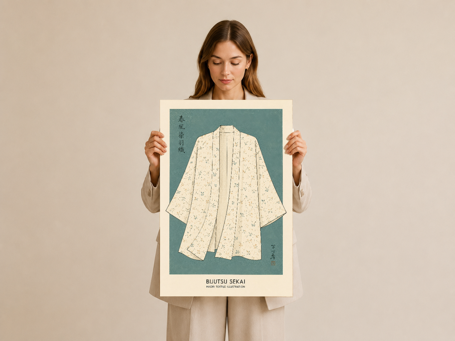 Bijutsu Sekai sanat baskısı, klasik japon haori desenli duvar tablosu, bej çerçeve ve ince tipografi.