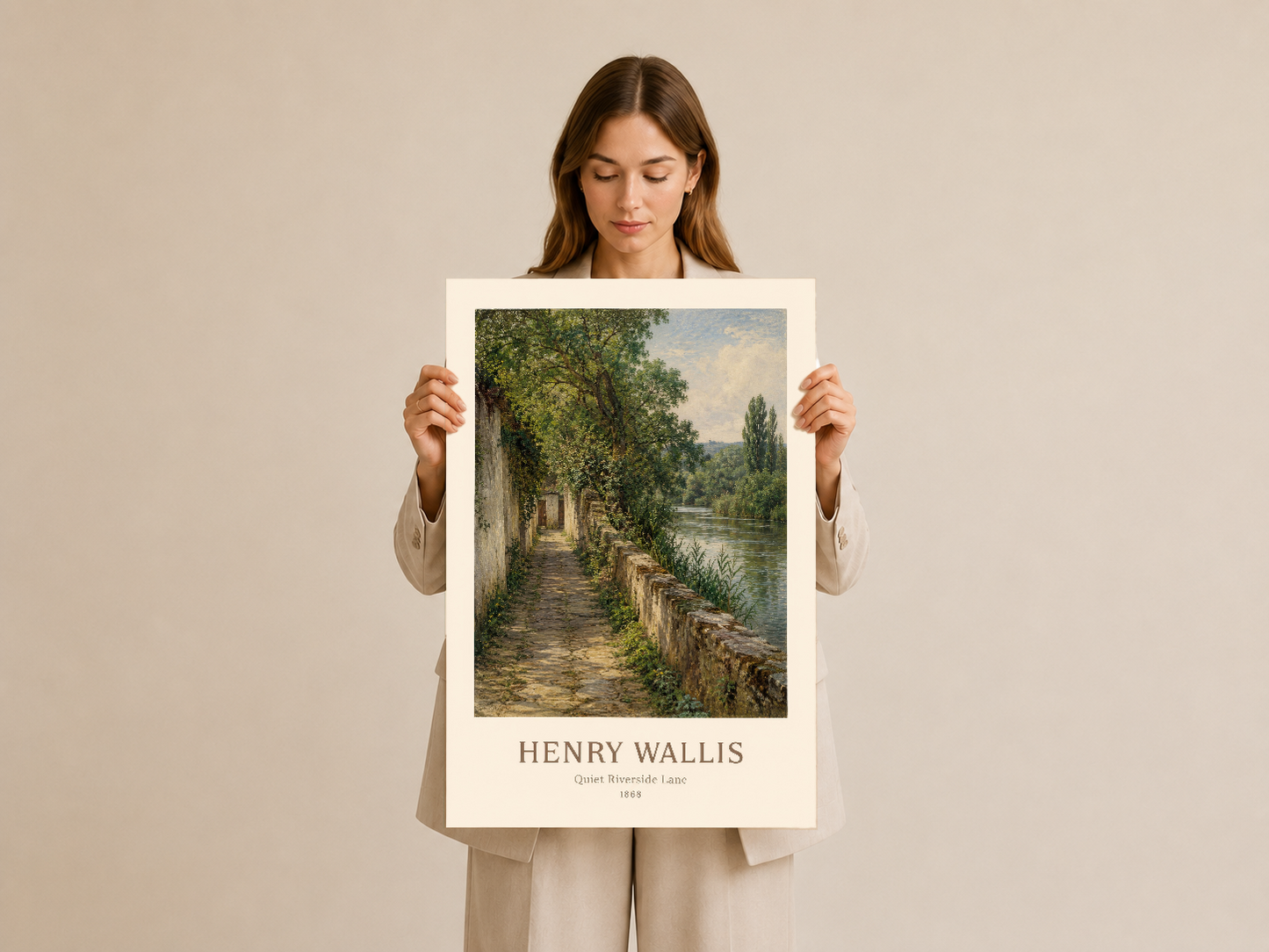 Ivy örtülü nehir yolunun tarihsel sanat tablosu, çerçeveli poster baskısı.