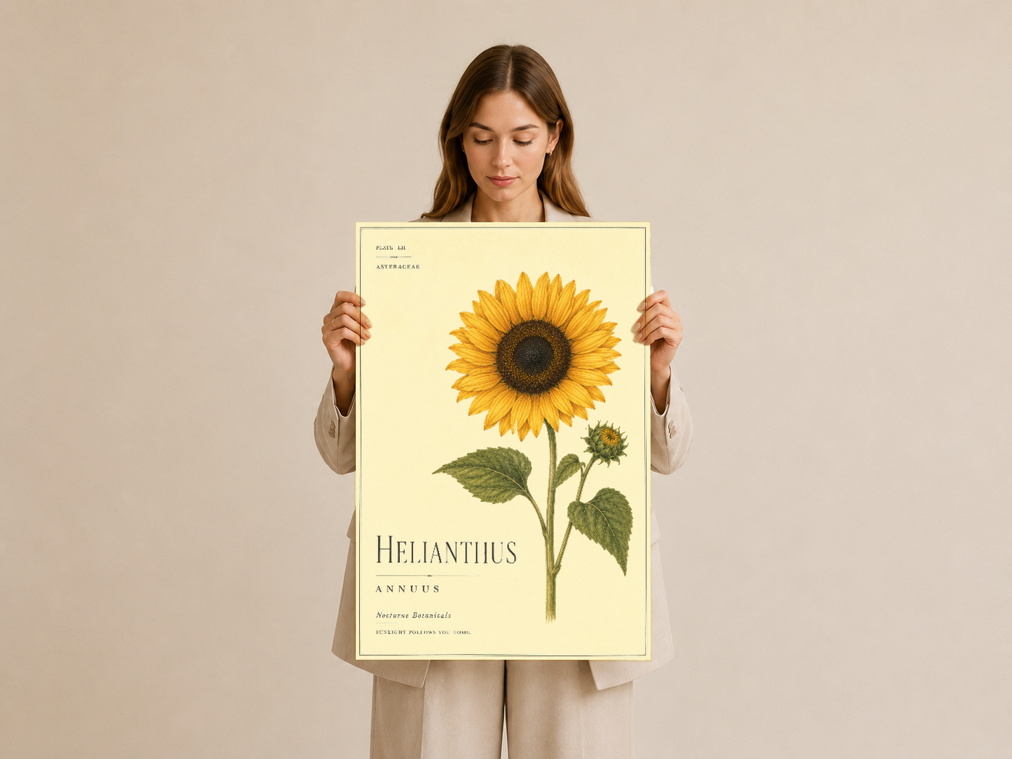 Krem zemin üzerinde tutulan Helianthus ayçiçeği tablosu, botanik sanat koleksiyonunun öne çıkan parçası.