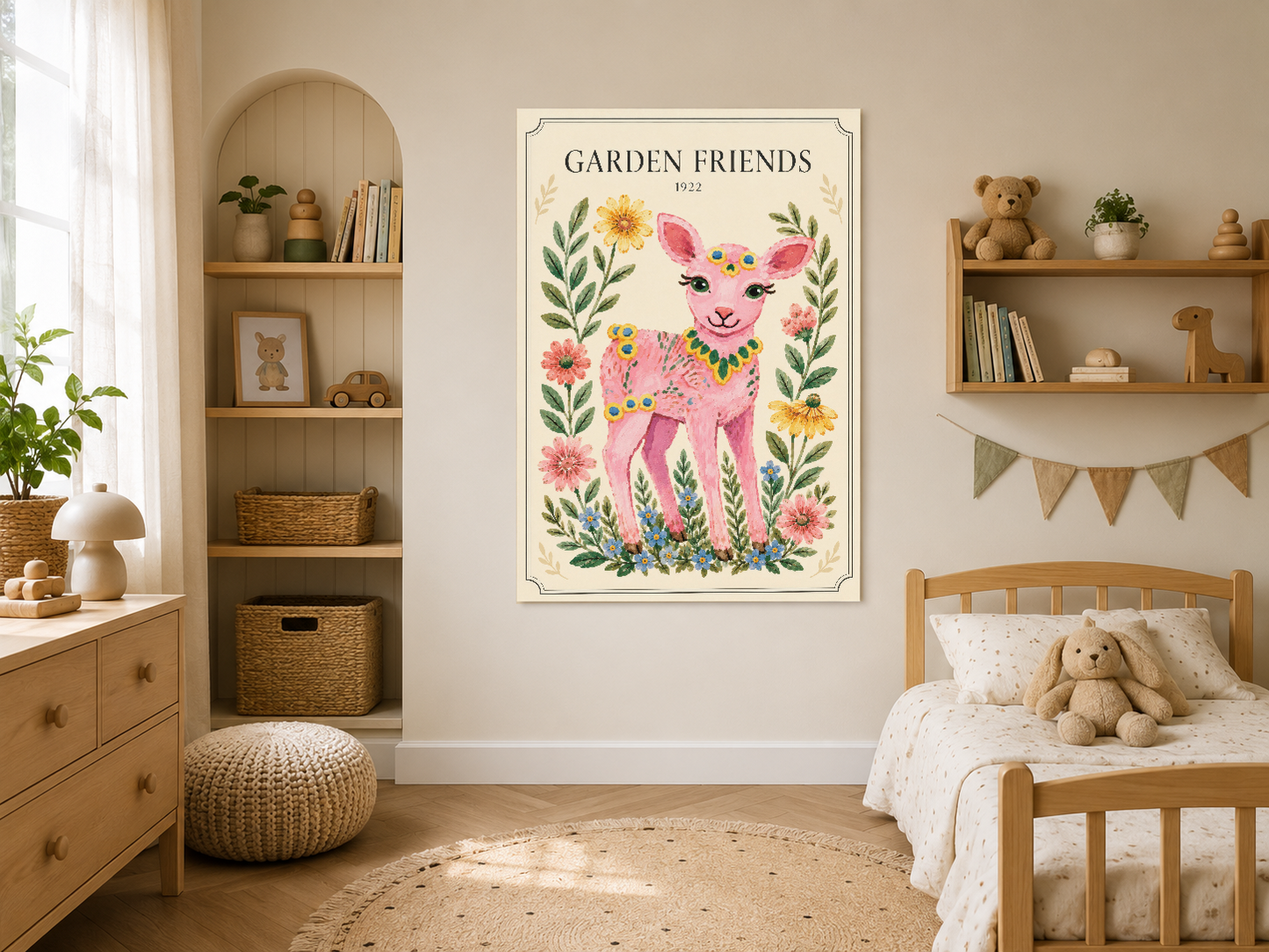 Garden Friends tablosu, ahşap çerçeveyle, ahşap yatak ve kitaplık bulunan doğal tonda çocuk odasına asılı.