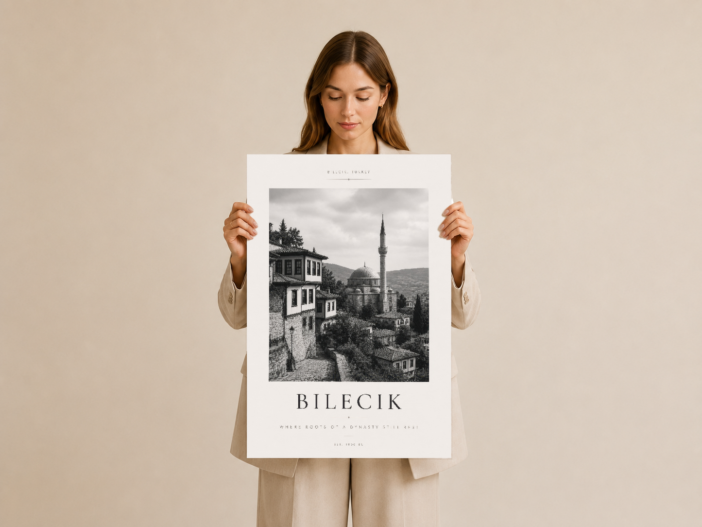 Bilecik manzarası sanat posteri, siyah beyaz dönem fotoğrafı, çerçeveli tablo formatında.