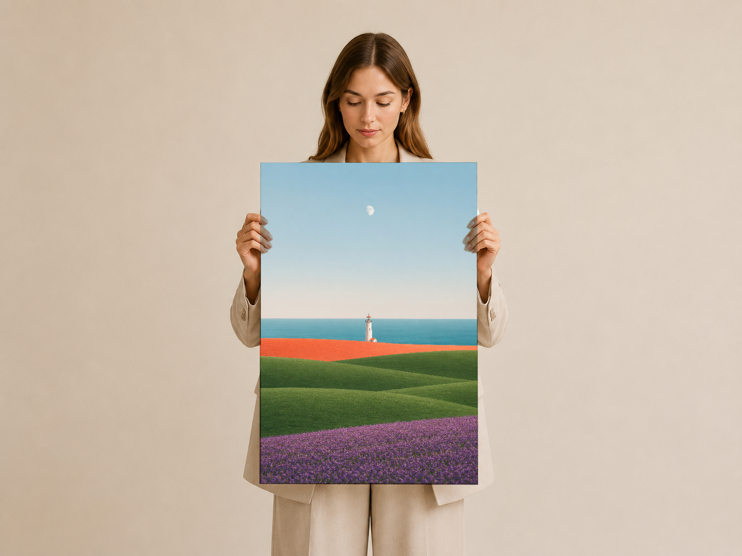 Sanat tablosu, sakin deniz manzarası, deniz fenerı ve çok renkli tarla panoraması sunuyor.