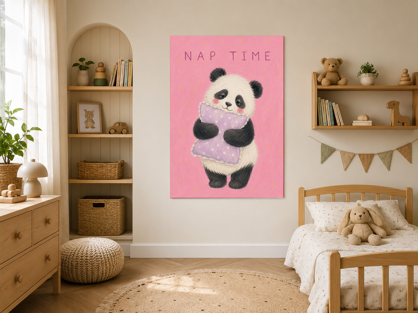 Uyuyan panda teması taşıyan Nap Time sanat baskısı, doğal ahşap mobilyalarla dekore edilmiş çocuk odasında sergileniyor.