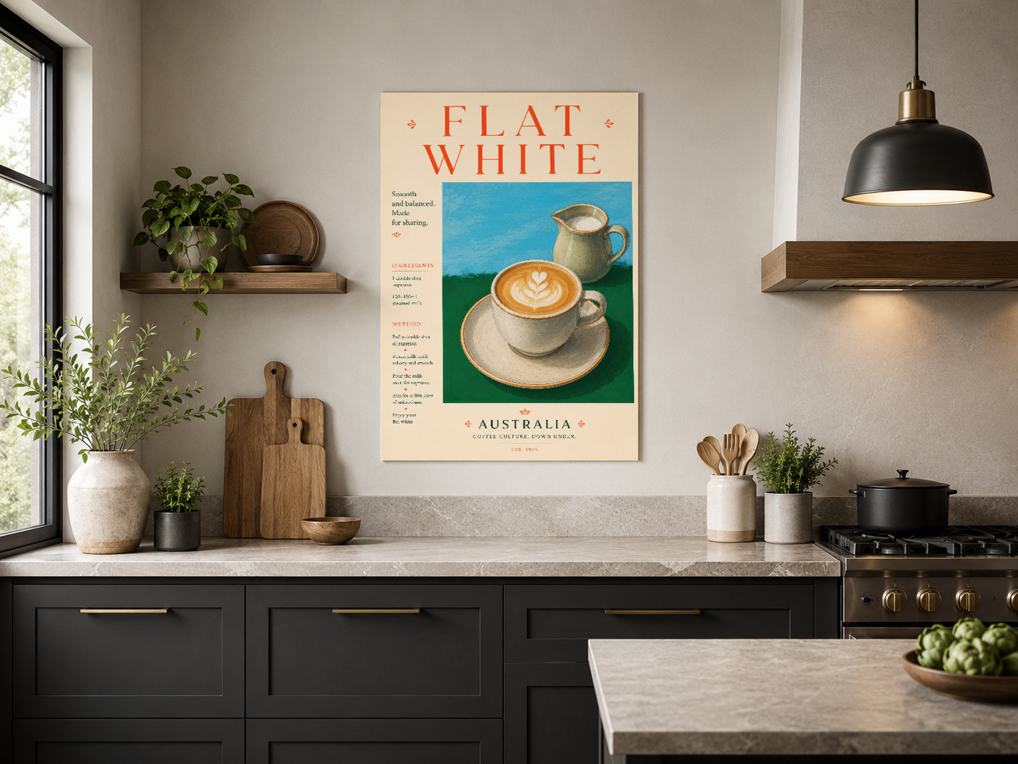 Siyah mutfakta Flat White posteri, latte tasarımı, krem çerçeveli sanat eseri