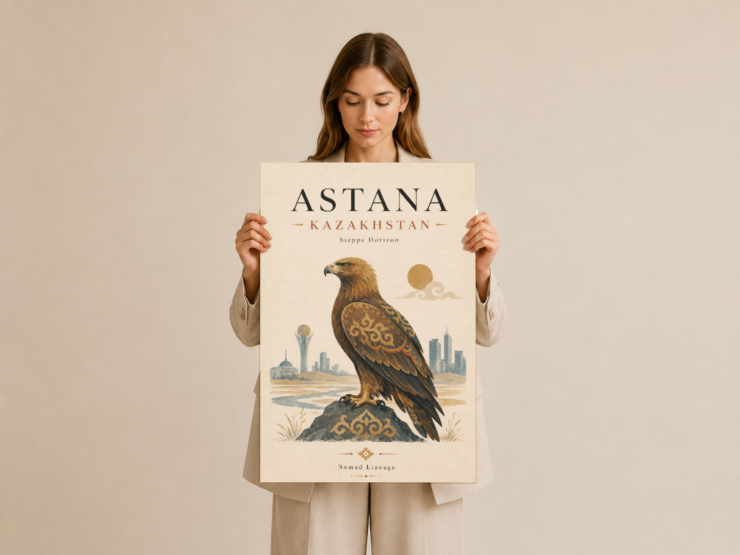 Astana Kazakistan duvar tablosu, krem fondda stilize kartal ve mimari öğelerle.