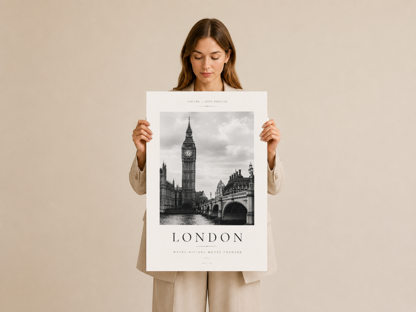 London posteri çerçevesiz ve canlı tutulmuş, Big Ben'in ikonik mimarisini gösteren tasarım.