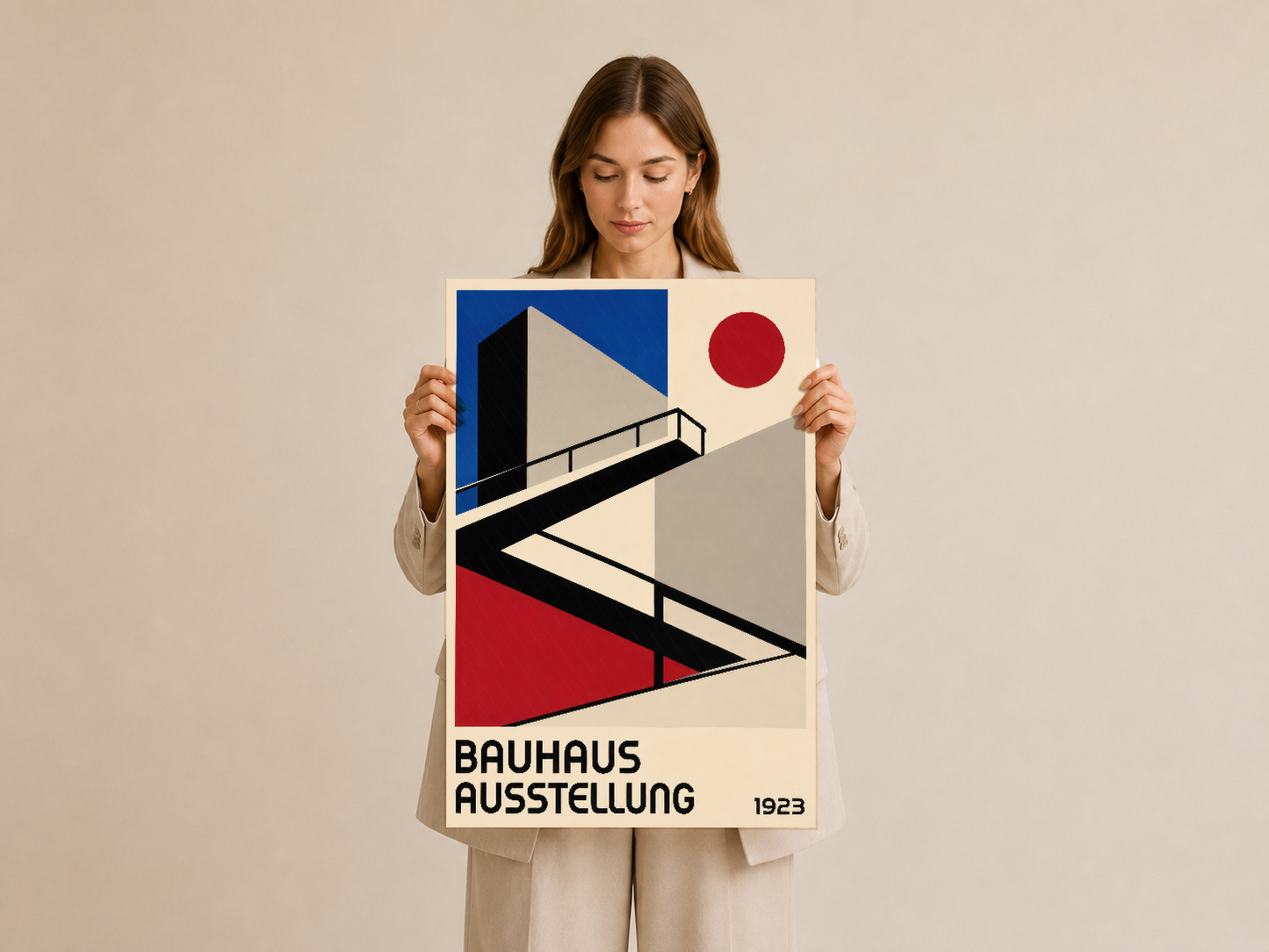 Bauhaus poster, siyah merdiven ve soyut formlı tasarımı, sanat koleksiyonunun başyapıtı.