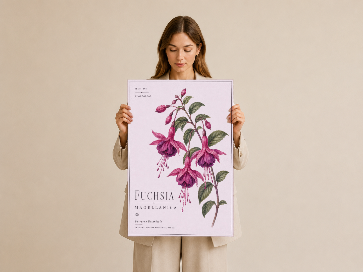 Kadın tarafından tutulan fuchsia botanik tablo, vintage naturel stil poster baskı, dekoratif duvar sanatı.