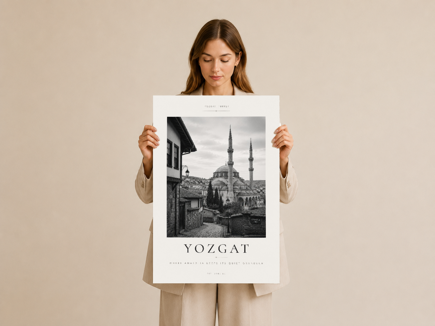 Osmanlı mimarisiyle ilham alan Yozgat posterinin detaylı siyah-beyaz çekim kalitesi.