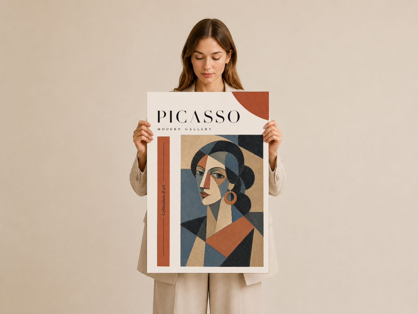 Picasso sanat baskısı, canlı renklerde kadın portresi; elle tutulan duvar dekorasyonu.