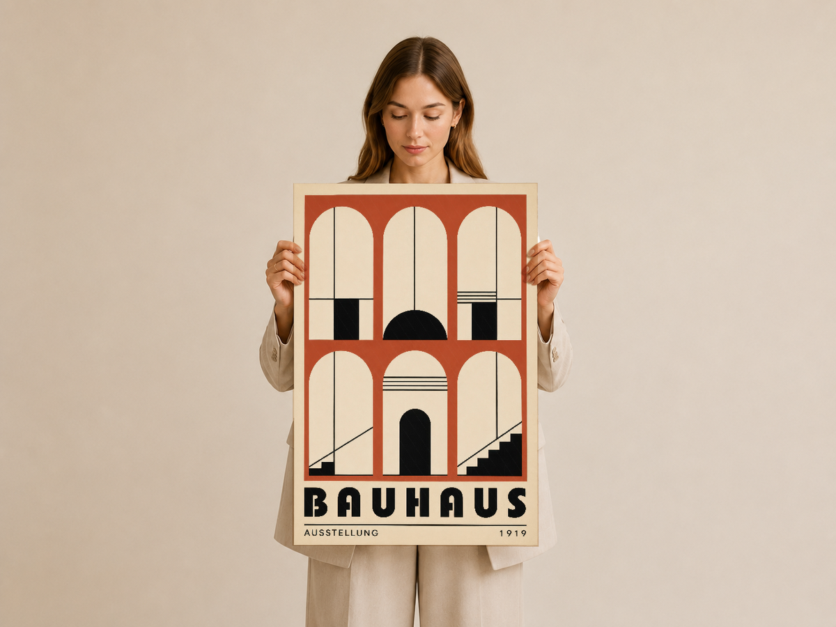 Bauhaus Ausstellung posteri, beige kıyafetiyle tutan kadının ellerinde kare formlar ve siyah detaylarıyla görünen sanat