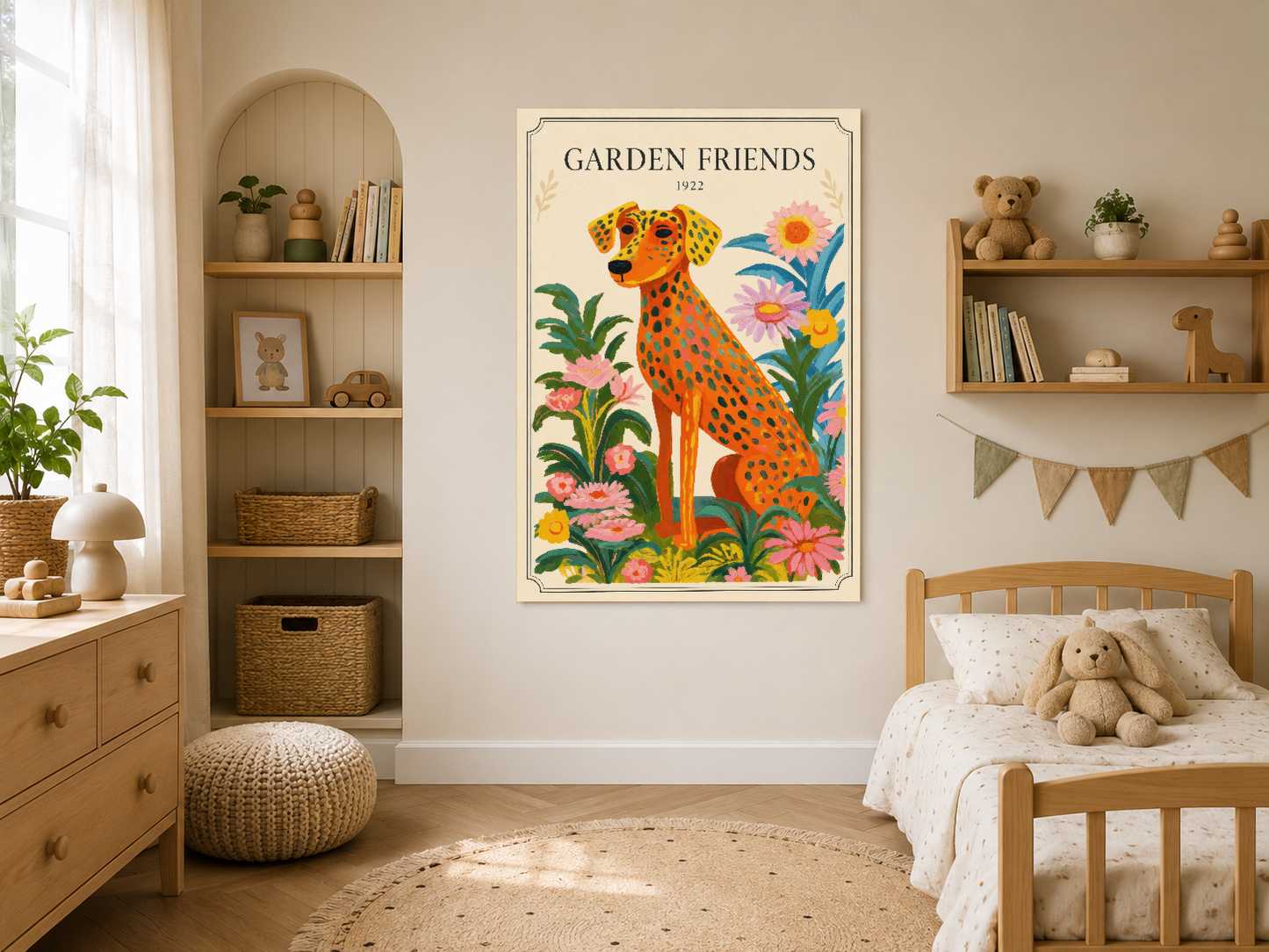 Ahşap çerçeveli Garden Friends posteri, doğal tonlarda çocuk odası dekorasyonunda asılı.