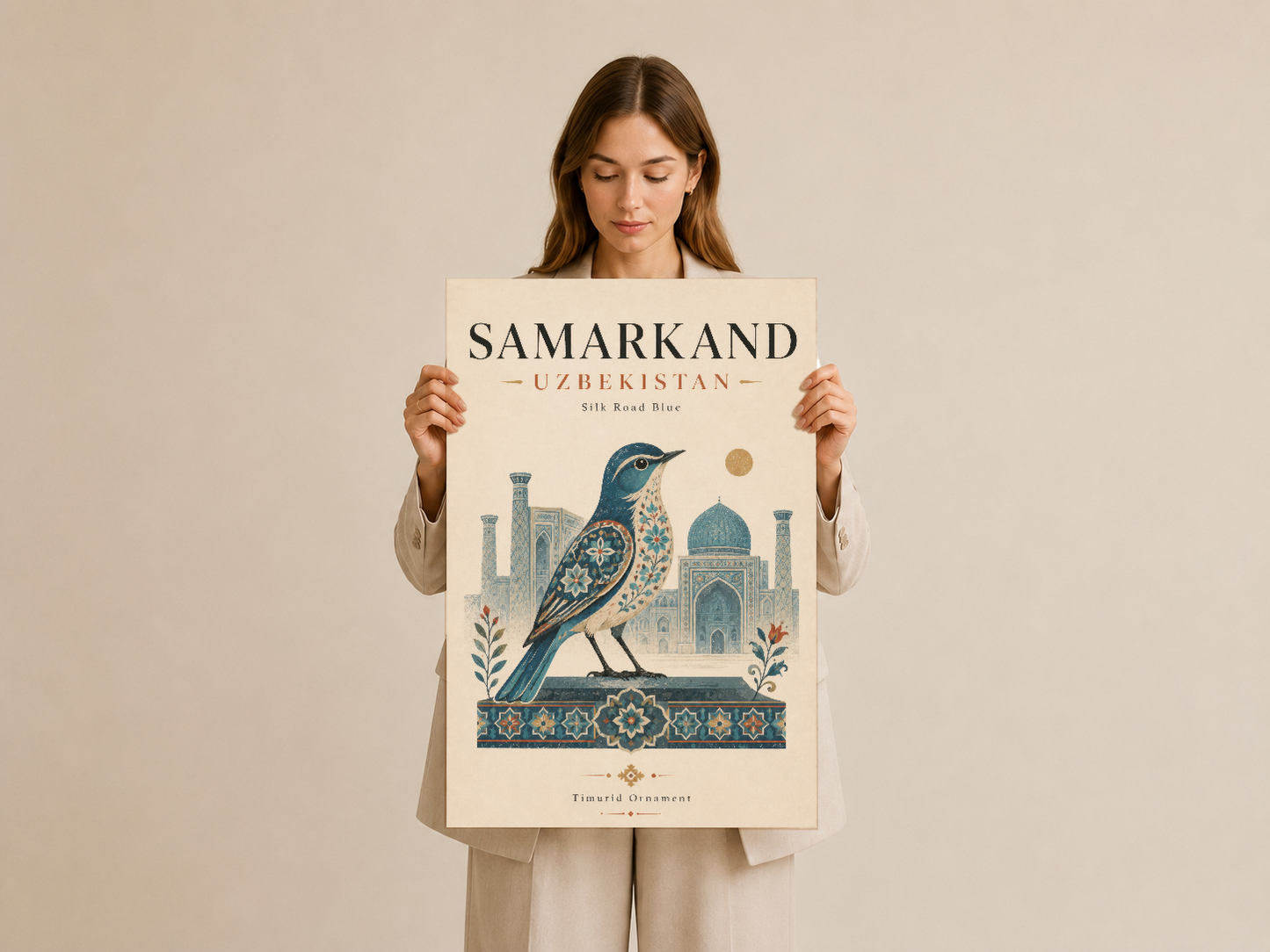 Samarkand Özbekistan duvar postesi, İpek Yolu tema seramik çerçeveli sanat eseri.
