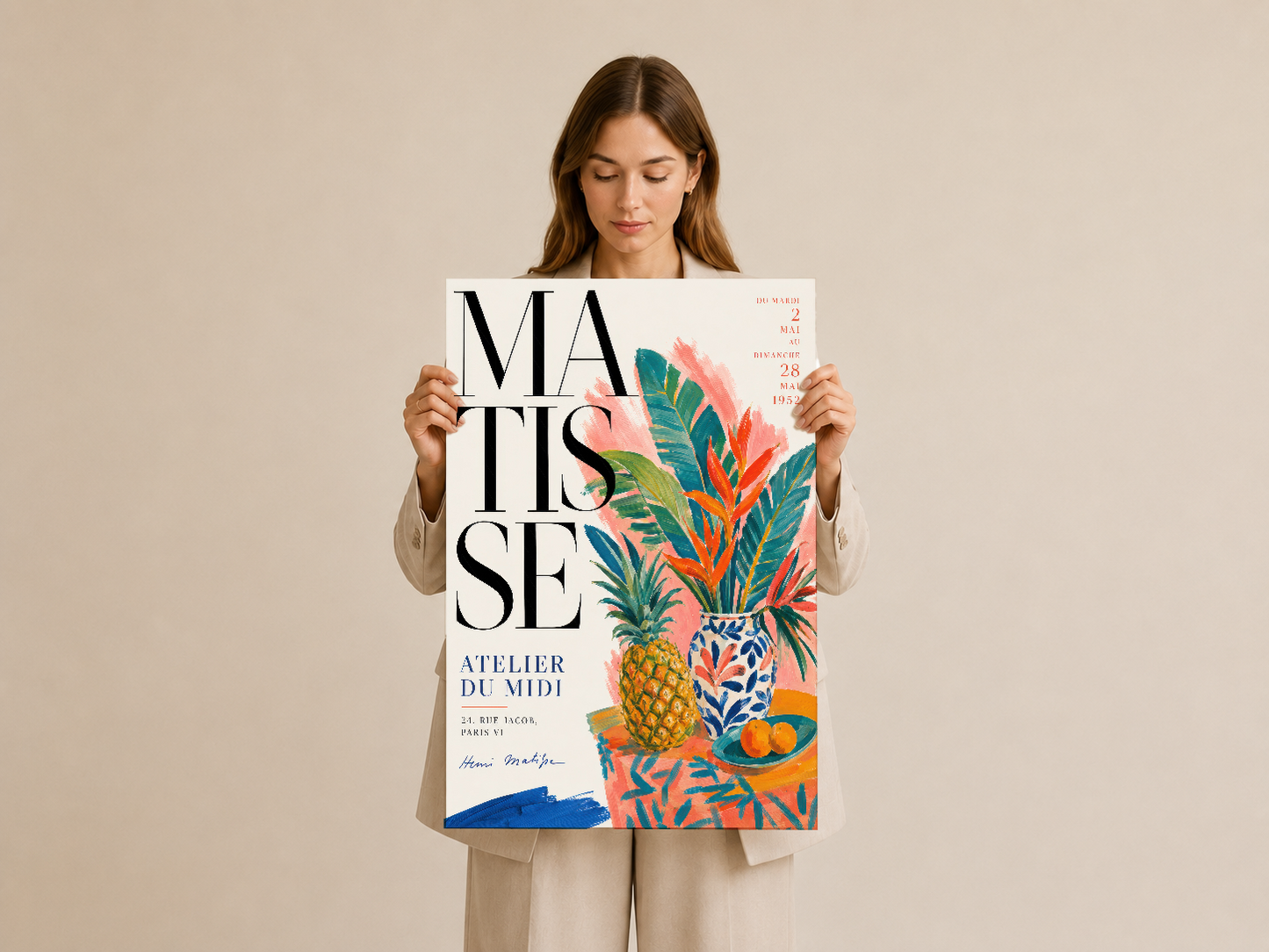 Matisse duvar sanatı, renkli ananas ve yapraklarla bezenmiş poster, sade arka planda sunulan baskı.