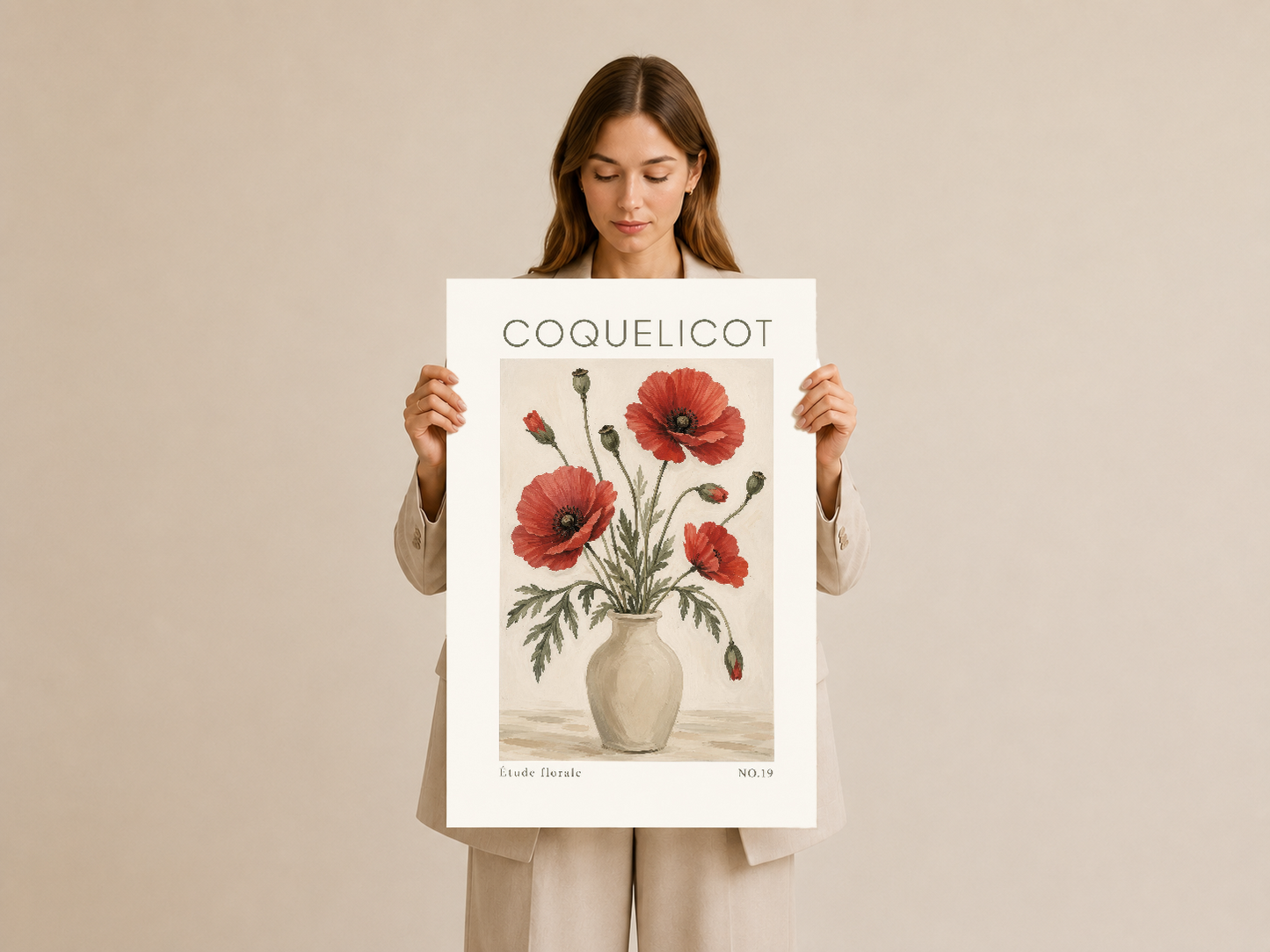 Coquelicot başlıklı sanat baskısı, doğal ışıkta elde tutulan çiçek tablosu.