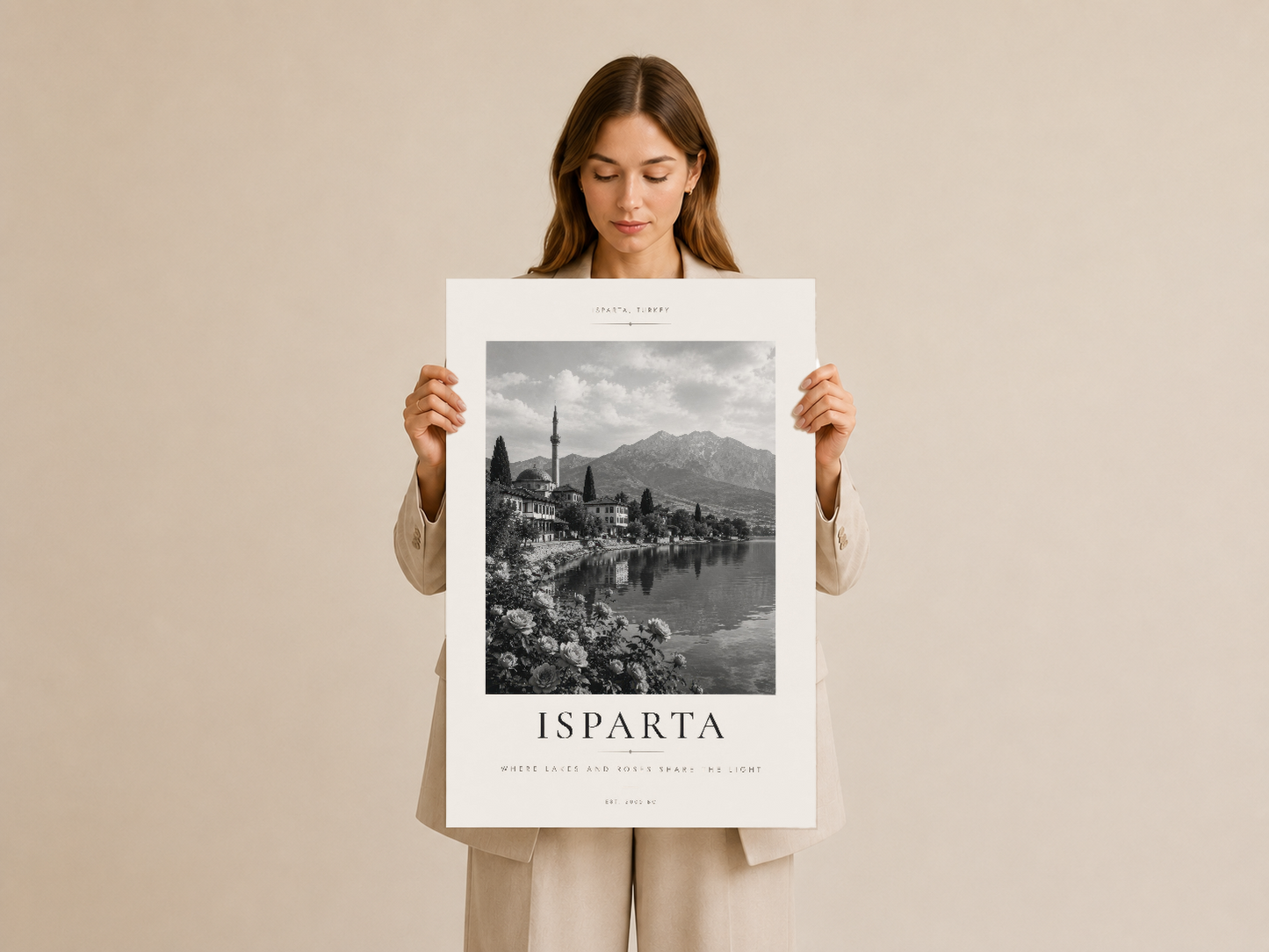 Isparta posteri, çerçevesiz baskı, açık krem arka fonda sergilenen vintage şehir fotoğrafı.