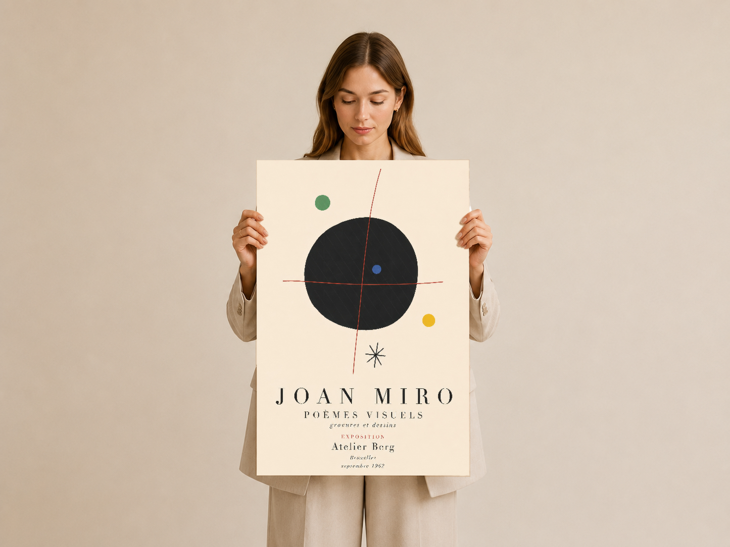 Joan Miró'nun ünlü Poemes Visuels afişi, cesur siyah daire ve renkli aksantlarla tasarlanmıştır.