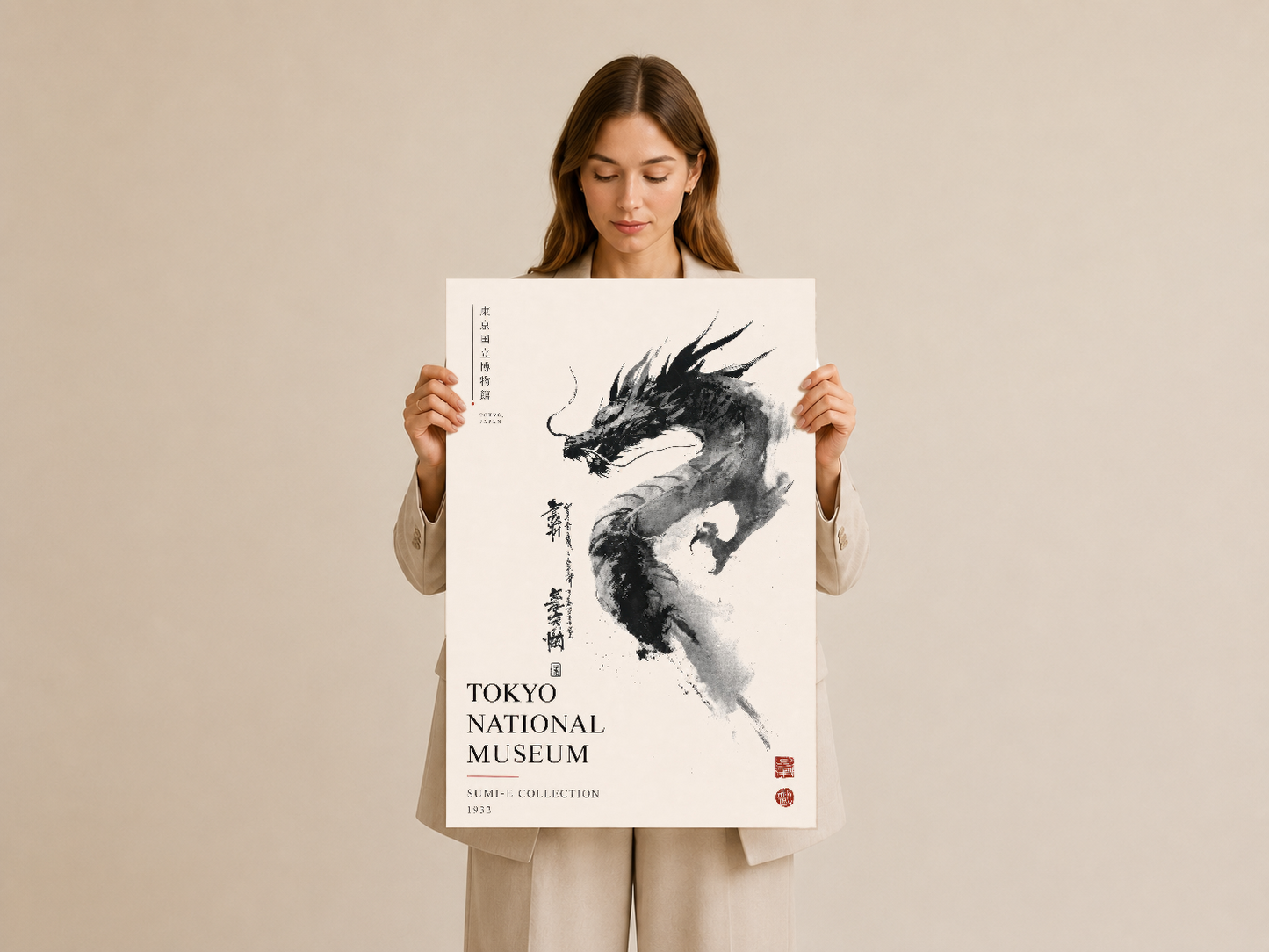 Geniş formatta müze afişi; Tokyo Ulusal Müzesi Sumi-E koleksiyonundan siyah ejderha illüstrasyonu, sanat çerçevesi olarak