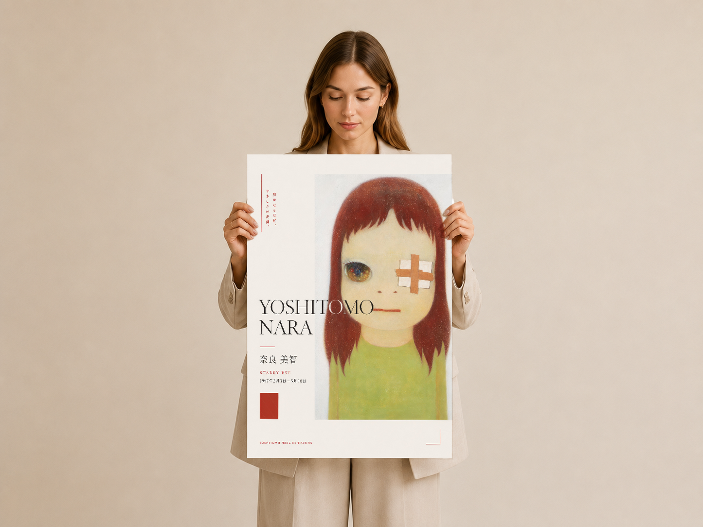 Minimalist sanat tablosu, çağdaş tasarım öğeleriyle kırmızı saçlı karakter portresi içeriyor.