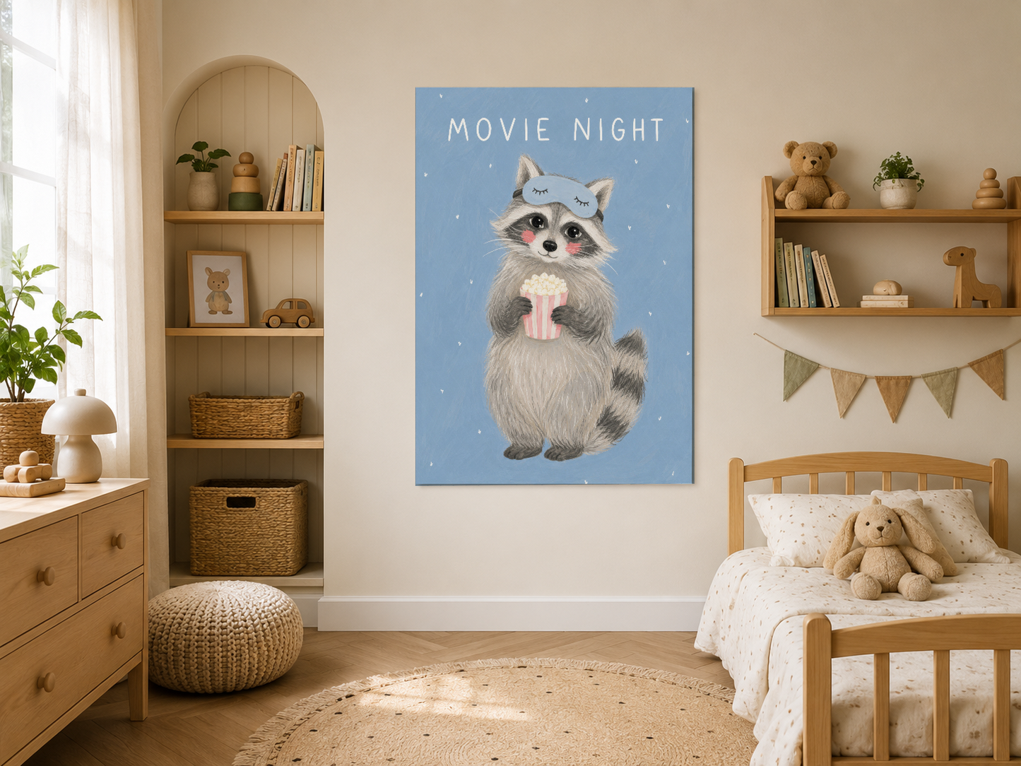 Sevimli rakun karakteri ve Movie Night yazılı duvar tablosu, doğal ahşap çerçeve içinde.