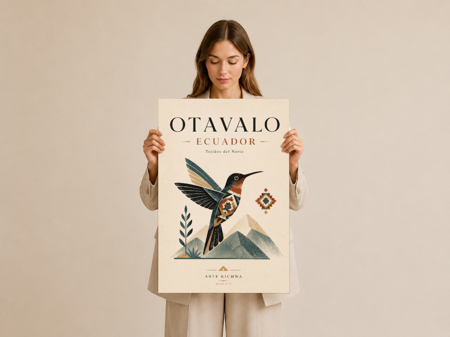 Otavalo Ecuador duvar tablosu, etnik desenli kolibri ve geometrik şekilleriyle dekoratif poster.