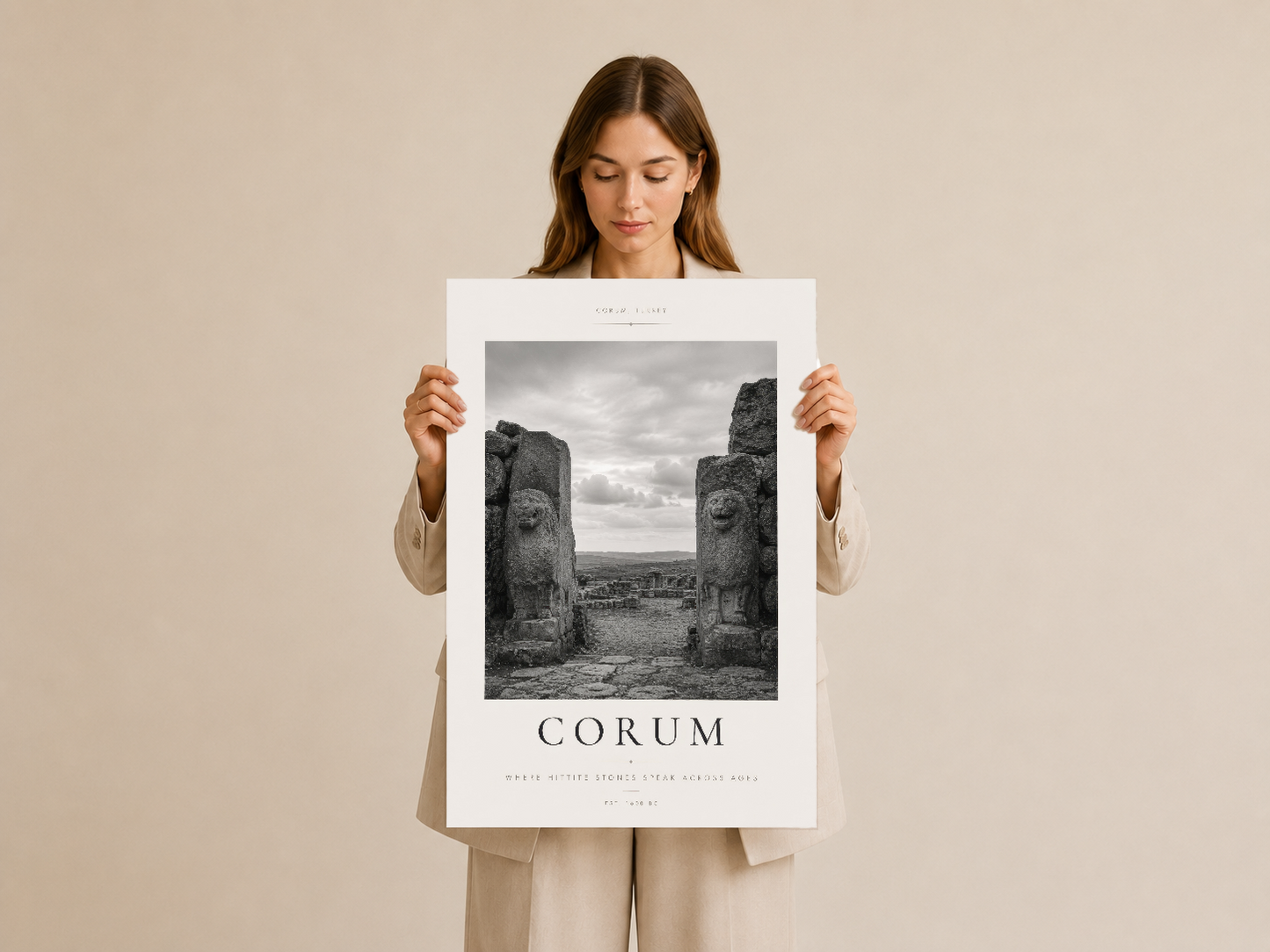 Corum arkeolojik sit alanını gösteren titanyum baskı, şık minimalist poster tasarımı.