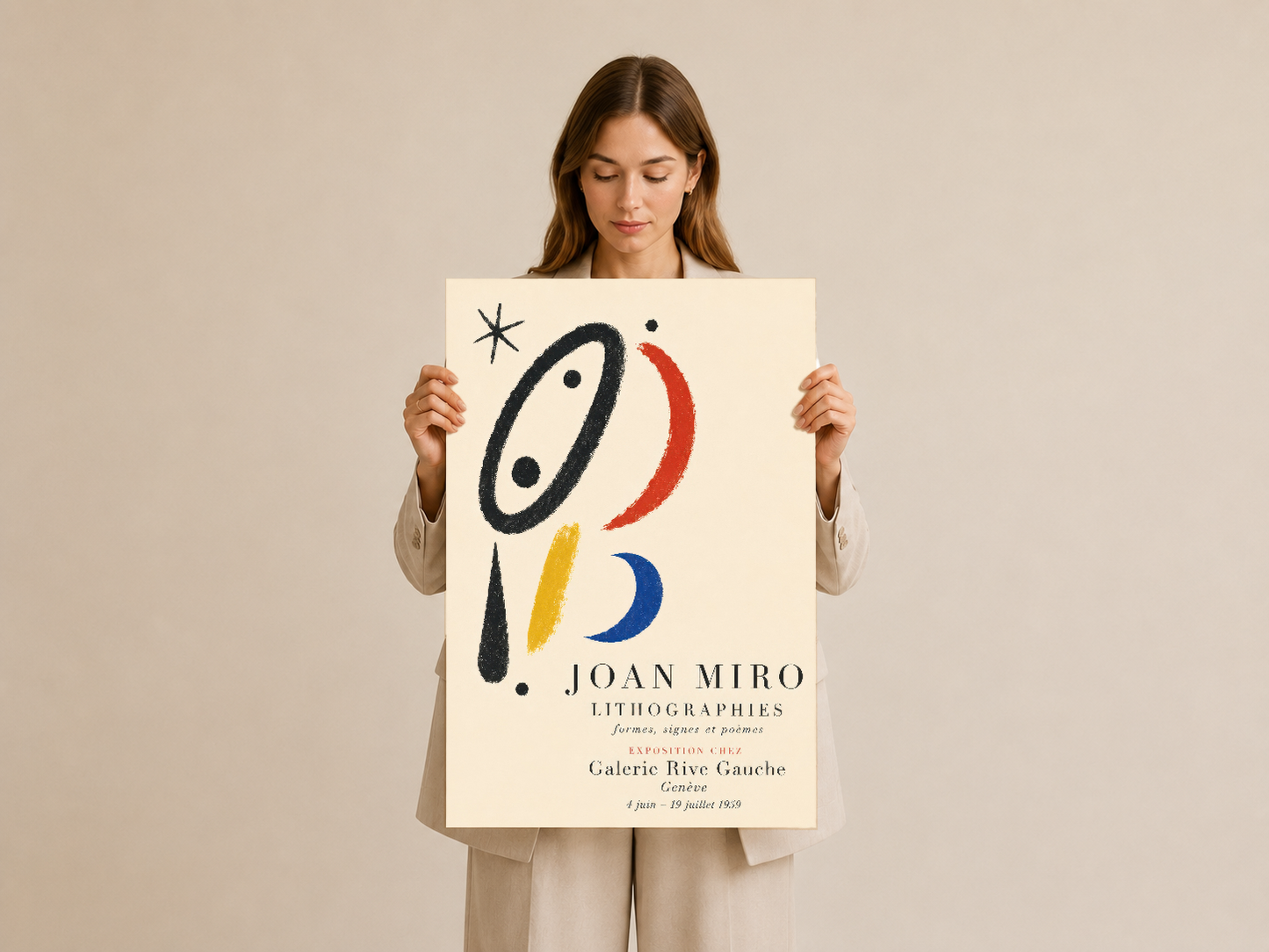 Joan Miro Lithographies sanat baskısı, oval ve geometrik formlarla tasarlanmış kültürel sergi afişi.