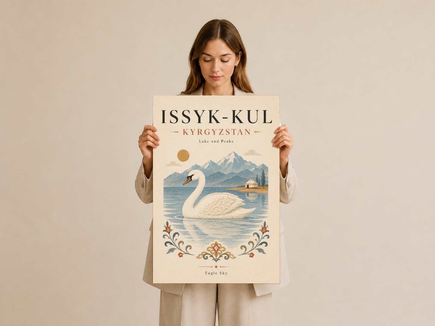 Issyk-Kul Kyrgyzstan tablosu, vintage tarzda kuğu ve dağ manzarası motifiyle basılı dekoratif sanat eseri.