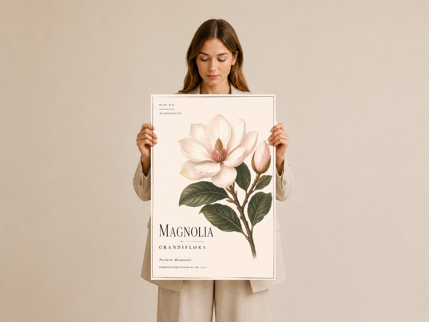 Botanik magnolia tablou, hassas suluboya tarzında çizilmiş pembe çiçek ve yaprakları gösteren sanat eseri.