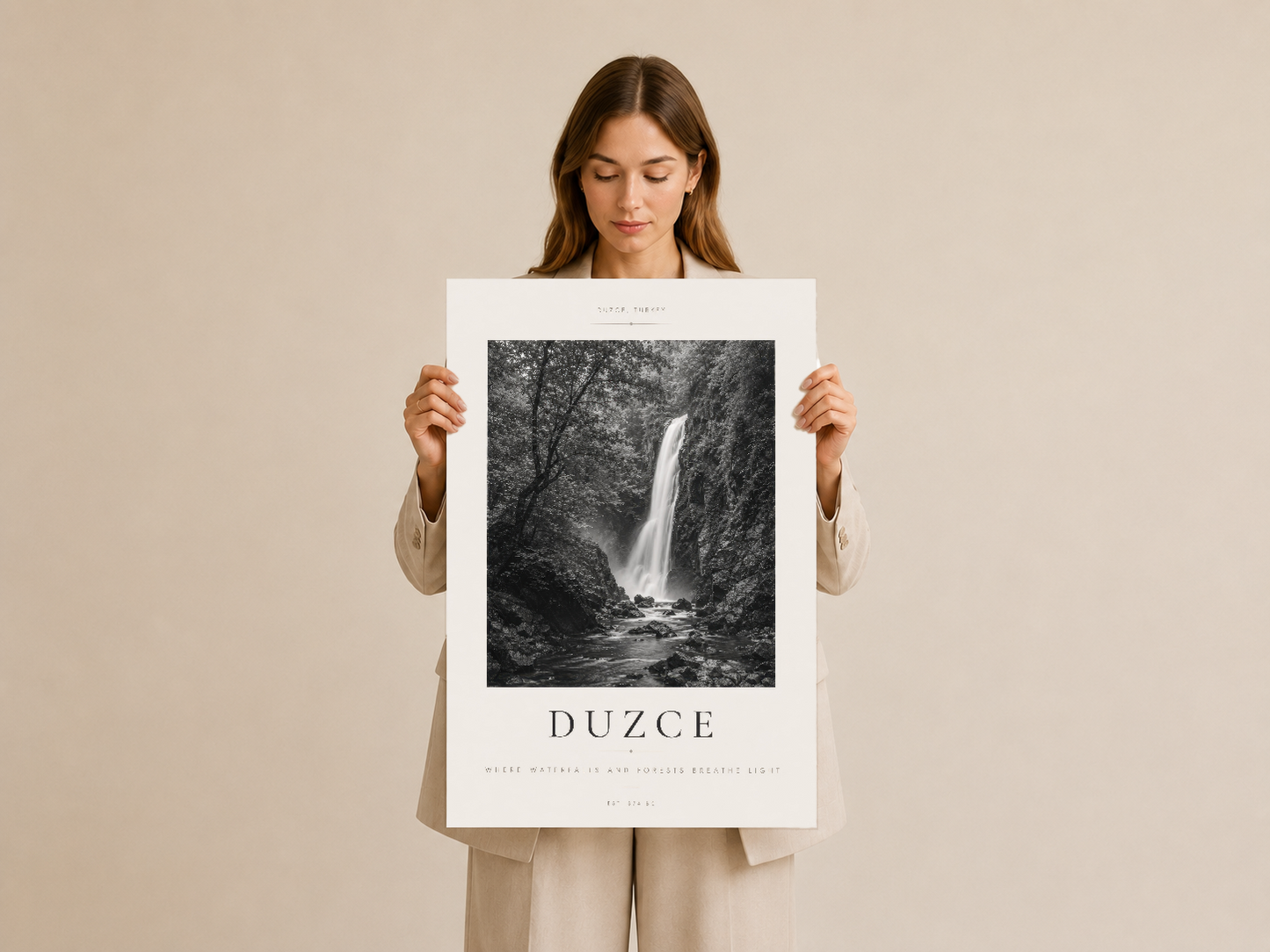 Duzce şelale posteri, kadın tarafından elleriyle tutularak, beyaz arka planda gösterilmiş.